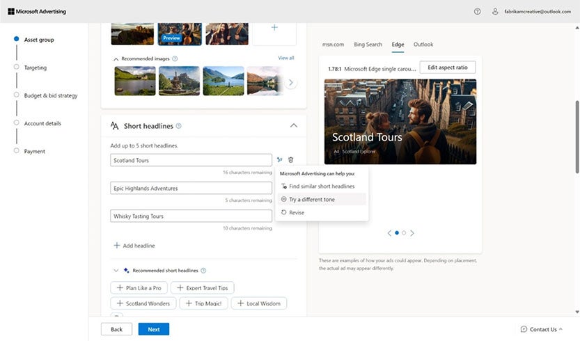 Microsoft 広告プラットフォームのアセット作成インターフェイスの画像。
